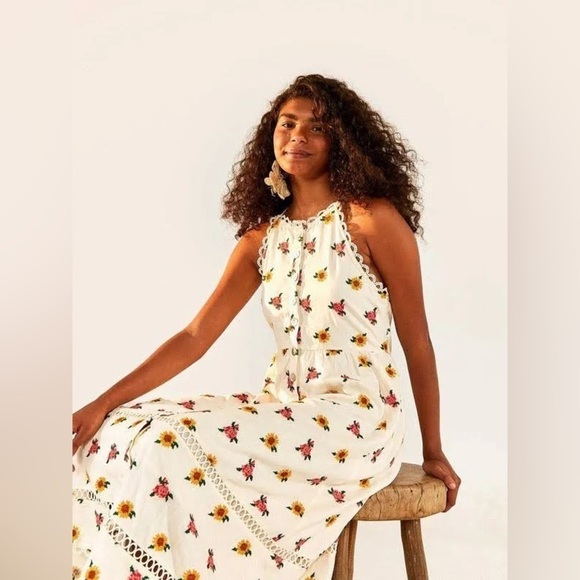FARM Rio Embroidered Linen-Blend Midi Dress L - Picture 1 of 5